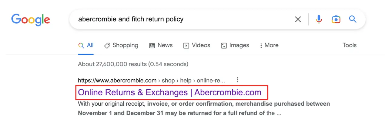 Abercrombie Fitch return policy ad extension on google ads