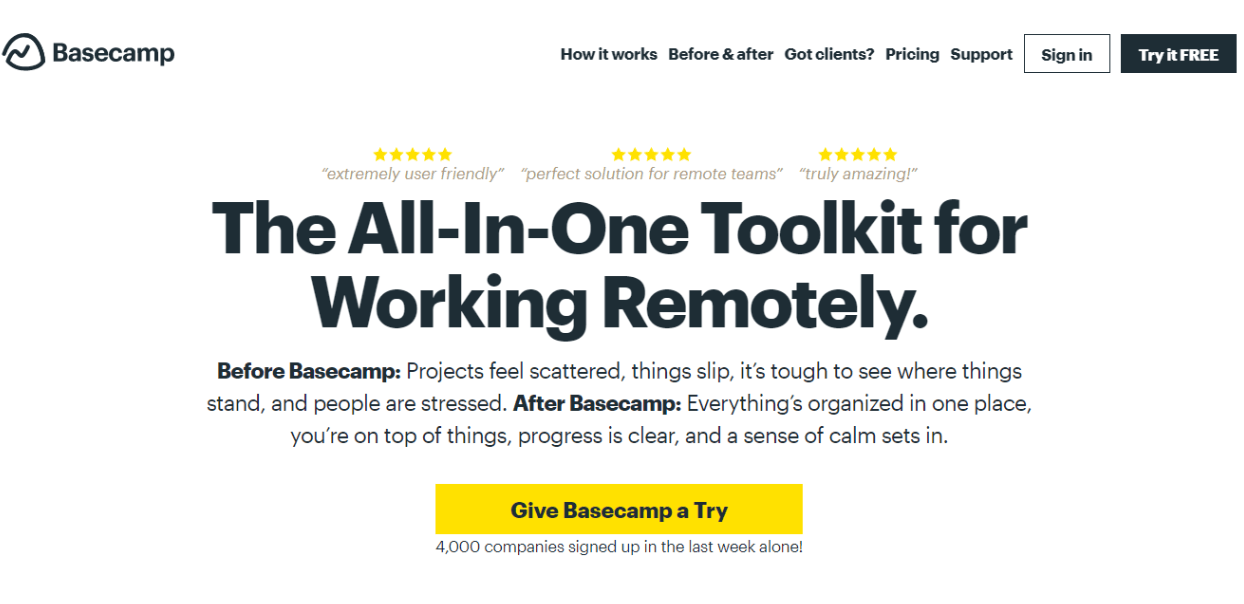 Basecamp homepage screenshot