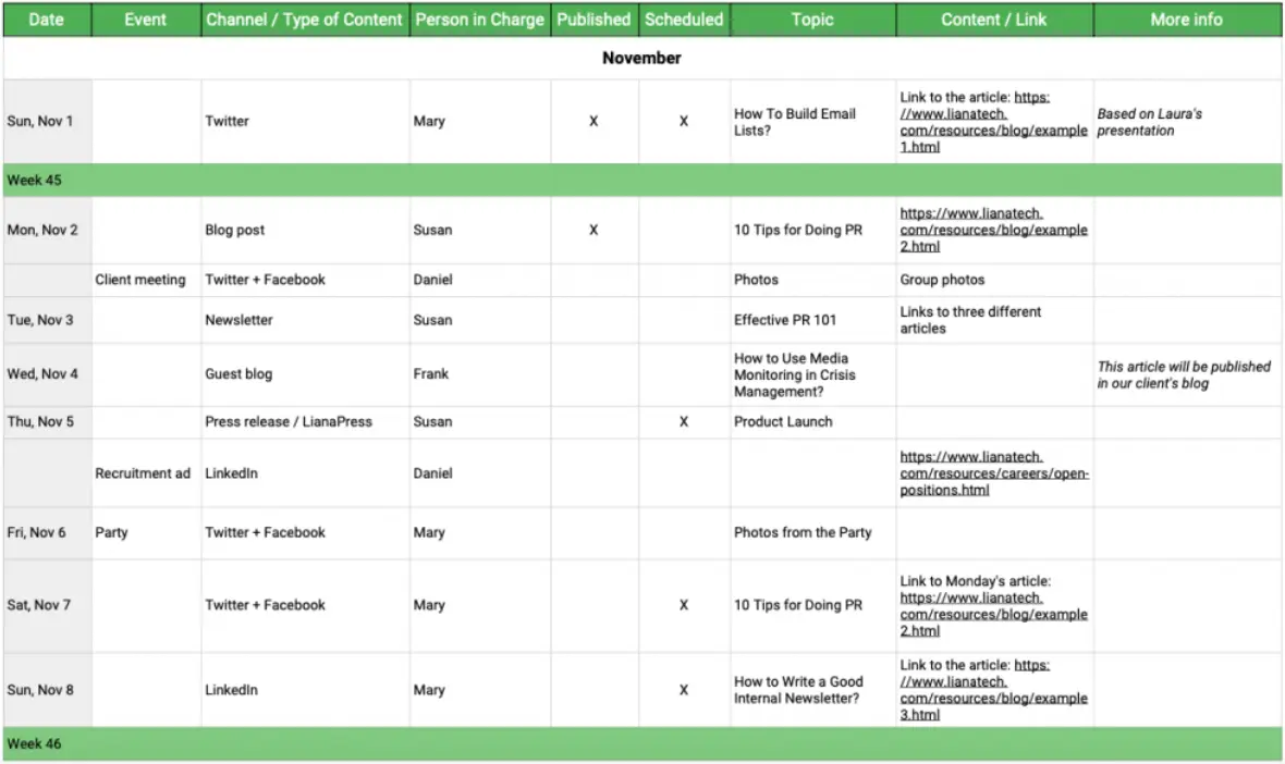 Content Calendar Template