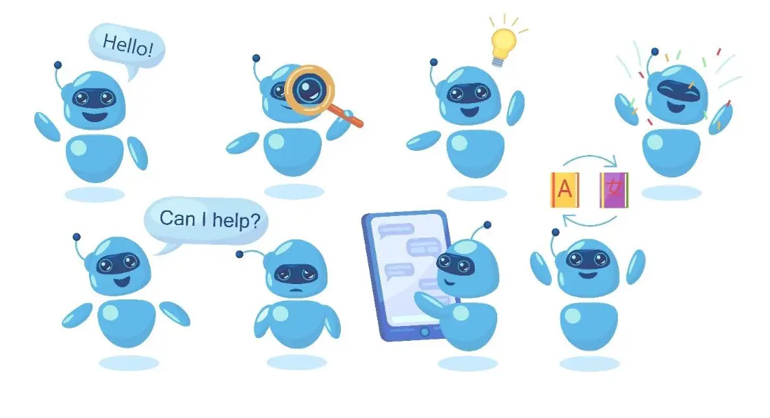 Modern cute chatbot in different poses flat set