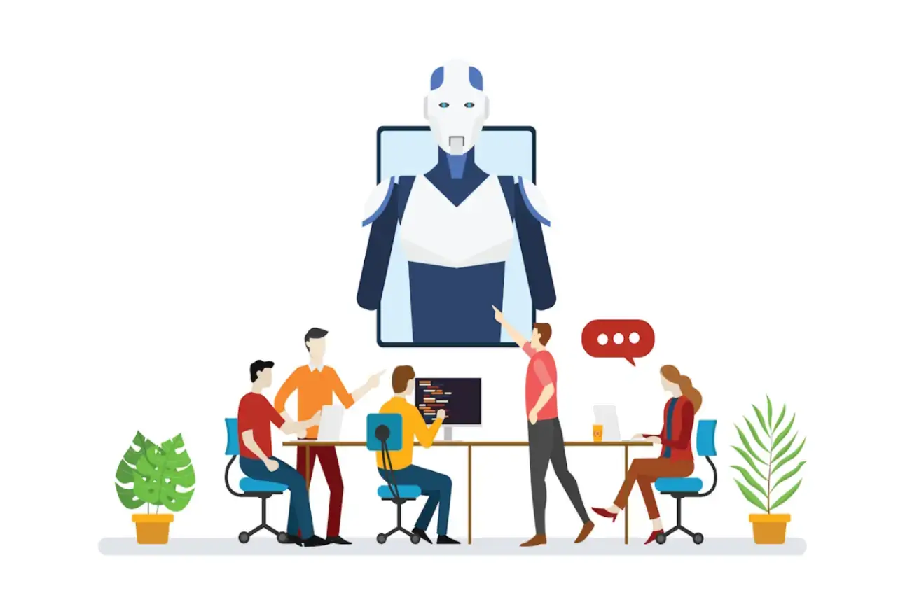 artificial-intelligence-robot-team-developer-programmer-with-script-technology-discussion-with-modern-flat-style-vector