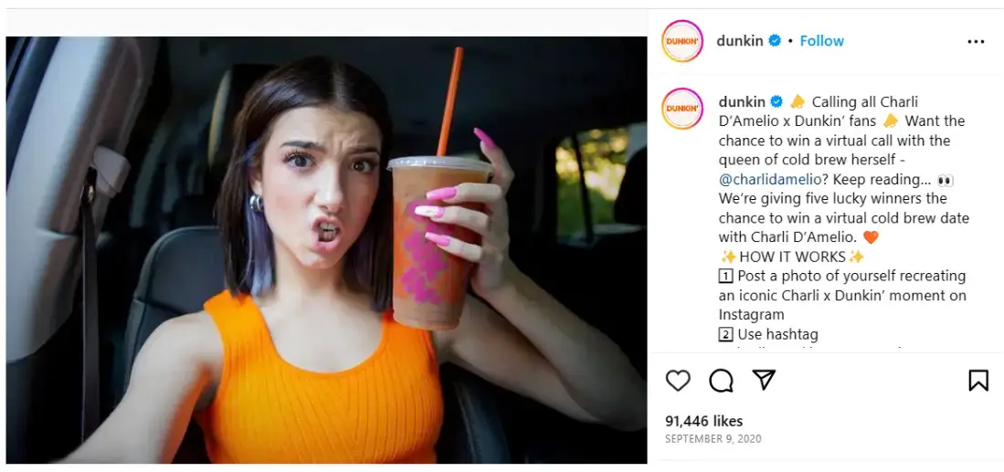 dunkin-donuts-instagram-charlie-damelio-post-screenshot