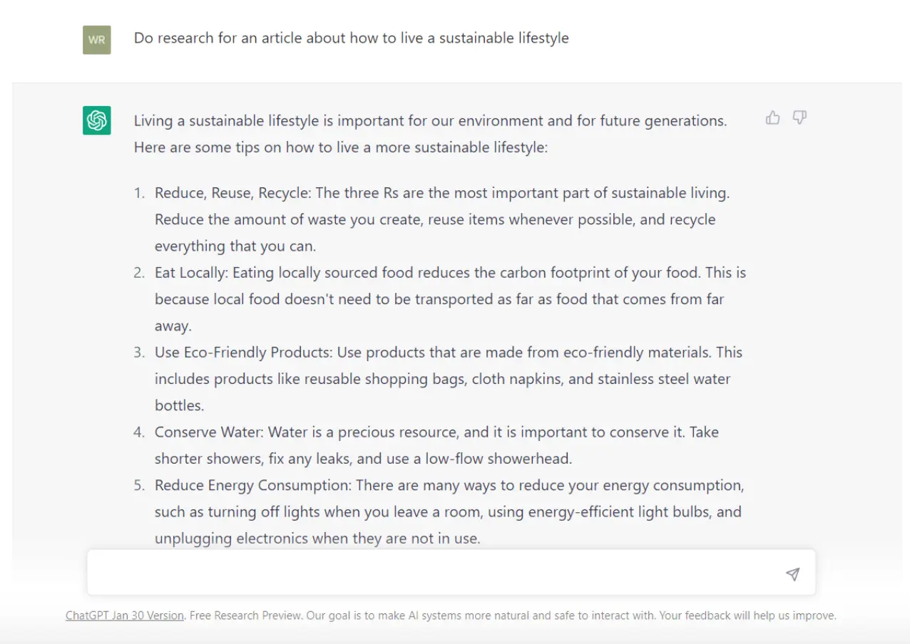 example of what ChatGPT results when you ask it to research a sustainable lifestyle