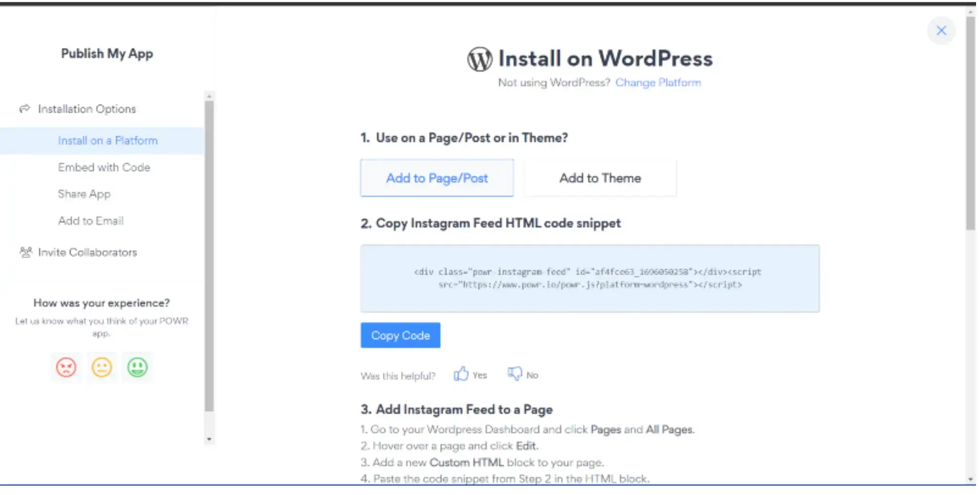 powr-instagram-feed-publish-to-wordpress-screen