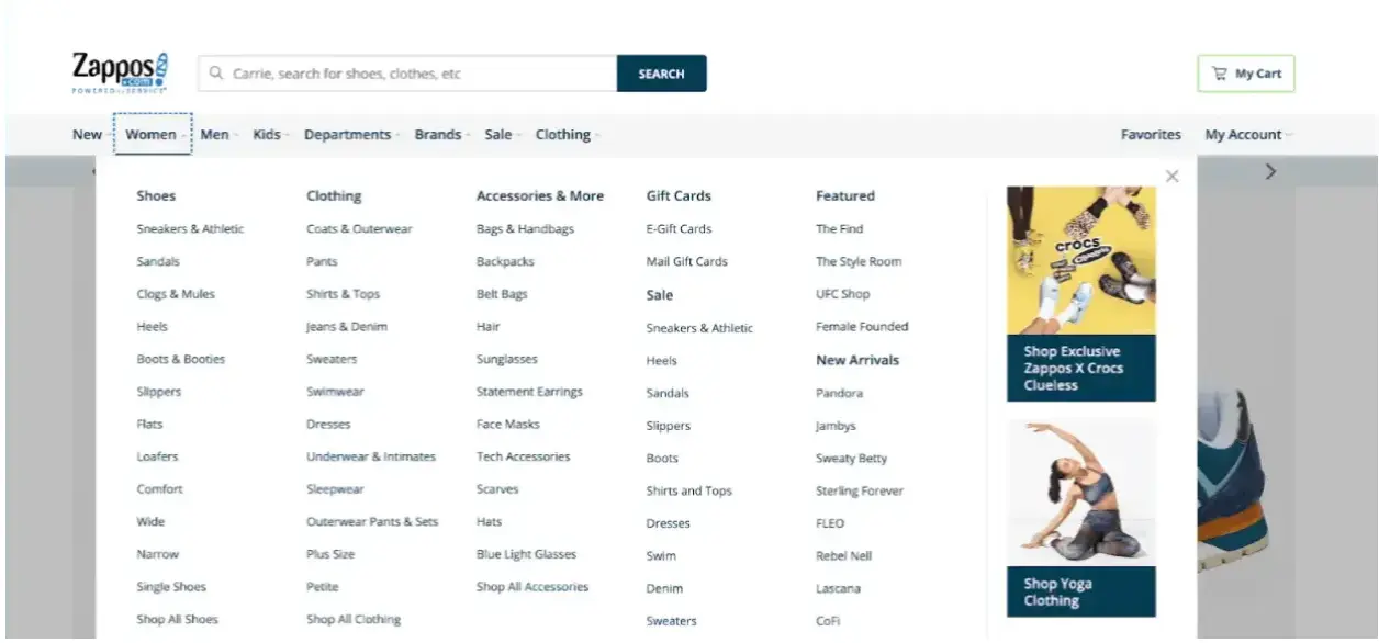 screenshot from zappos with womens collection options-