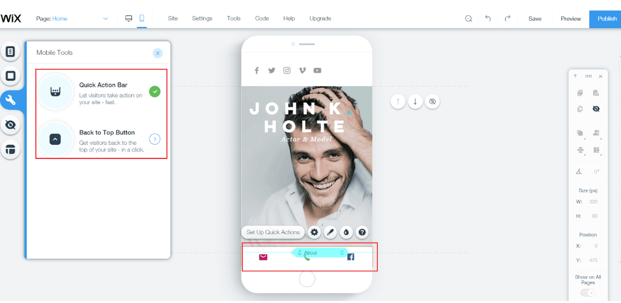 screenshot of Wix mobile builder
