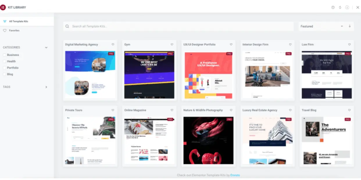 screenshot of template choices from Elementor