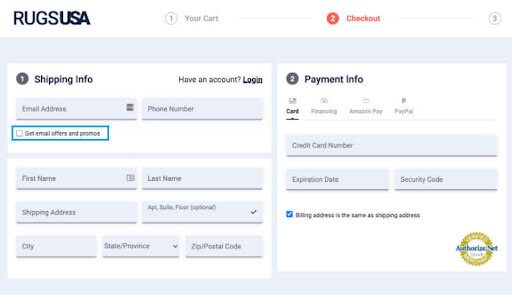 screenshot of payment page for RugsUSA