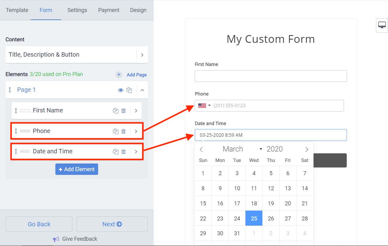 New Date and Time picker and Phone element